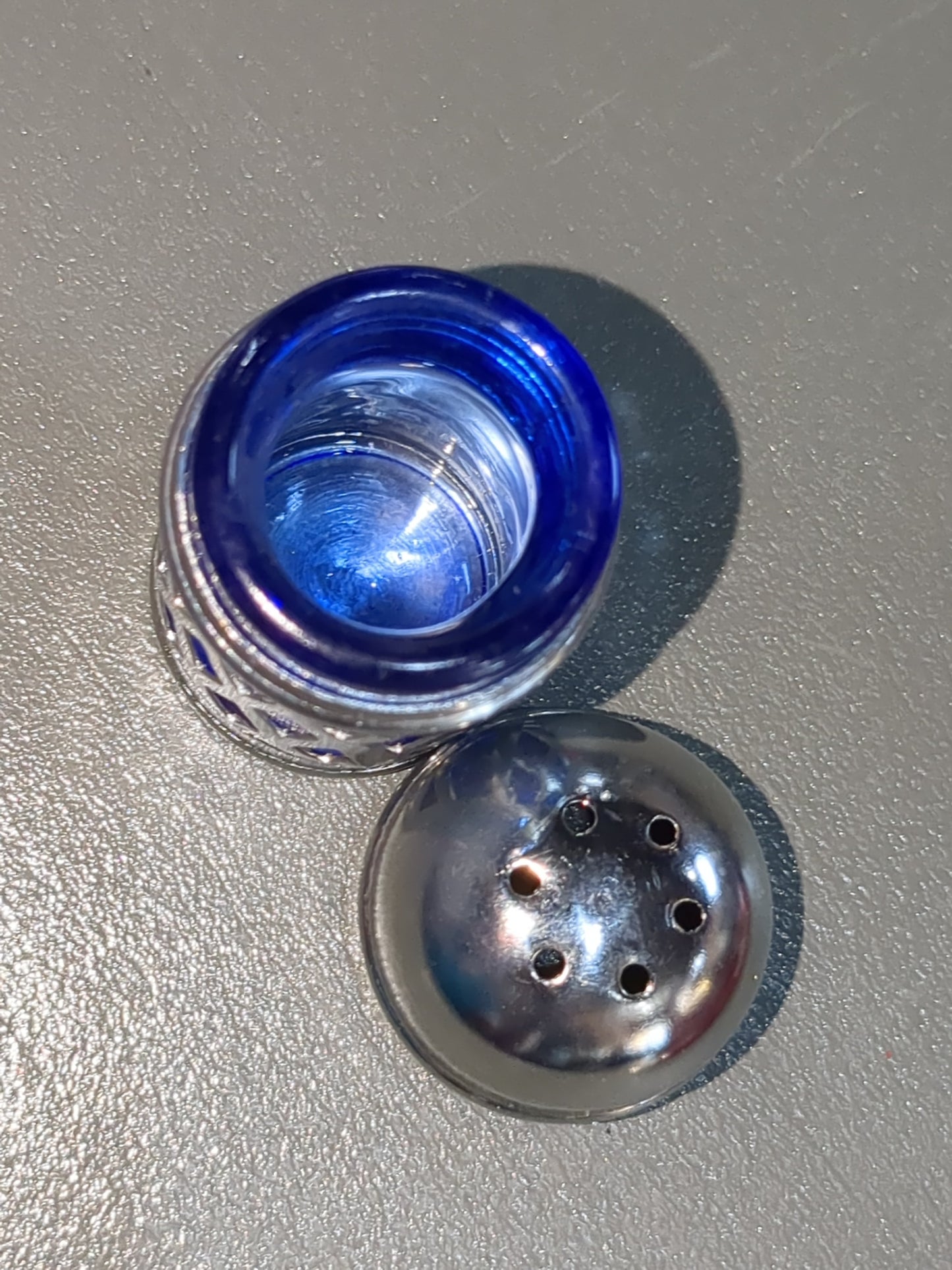 Silver and cobalt Blue glass and metal Lattice Salt and Pepper Shakers