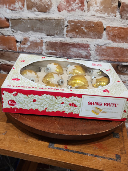 Vintage Shiny Brite ELEVEN 2 1/4" Glass Ornaments Gold Snow Capped With Mica ONE MISSING bo192