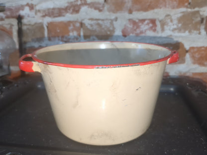 vintage cream and red enamel pot ena23