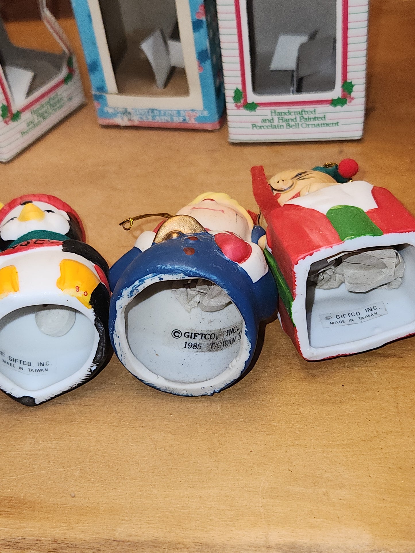 Vintage 3 Giftco Holly Bells and 1 BOA Ring-a-Lings Porcelain Bell Ornaments Set of 4