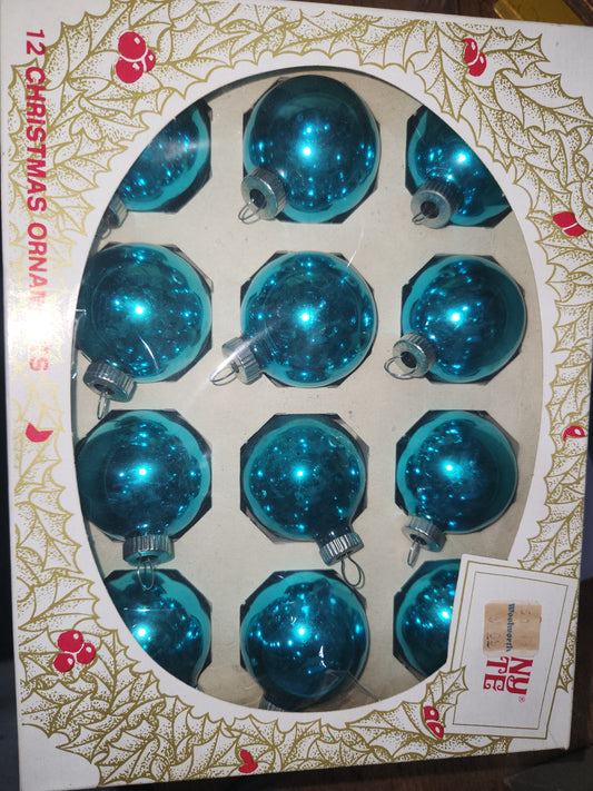 Box of vintage Shiny Brite turquoise blue ornament 1 1/2" Bo14