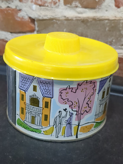 1958 vintage Tin Mrs. Leland's Old Fashioned Golden Butter Bits Horse and Carriage house girl & hoop tin347