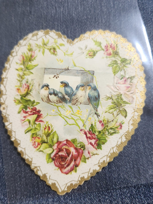 Antique Valentine Card Die-Cut Embossed Heart with Birds and Roses