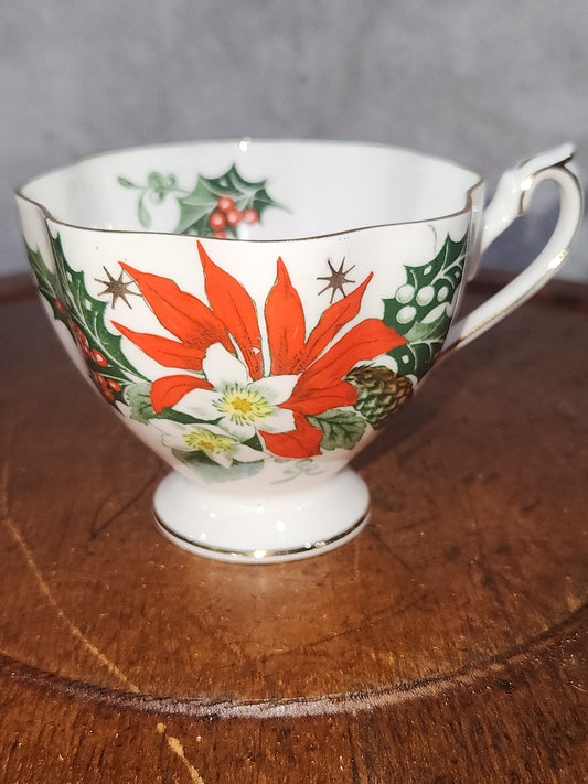 Vintage Queen Anne Noel Tea Cup Poinsettia Holly Christmas Rose replacement cup NO SAUCER