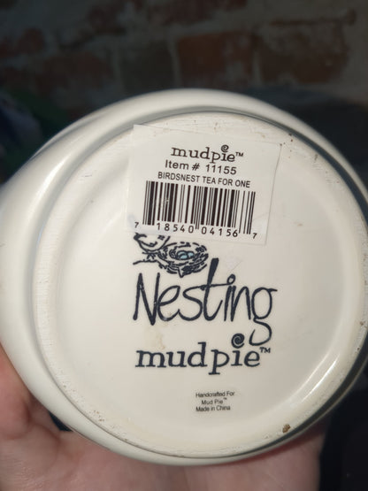 Mud Pie Bird Tea Pot with Robins Eggs And Nest