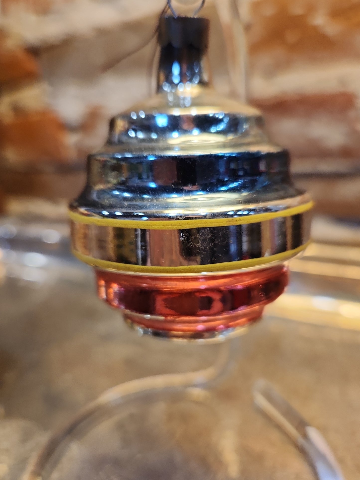 Vintage Glass Wine Keg or Satellite Flat-Bottom Ornament Blue, Yellow, Pink Likely Shiny Brite Made In USofA AS IS O3