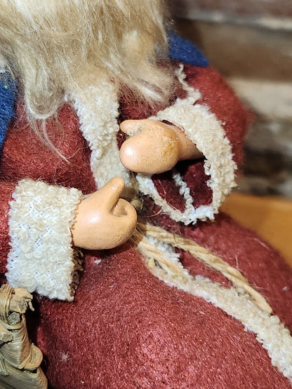 Vintage Bethany Lowe Santa Claus Wearing Wool in a Woven Sleigh With Toys AS IS s90