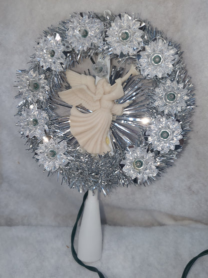 111 Vintage Merry Brite 11- Light Tree Topper Silver tinsel White Angel works tt236
