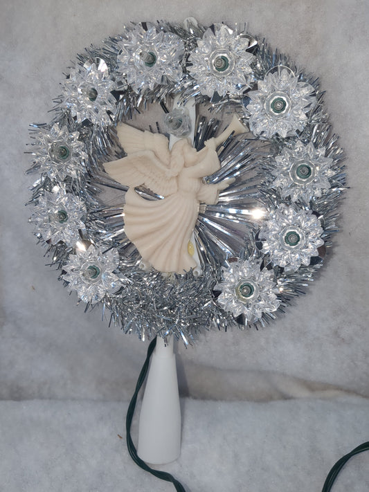 111 Vintage Merry Brite 11- Light Tree Topper Silver tinsel White Angel works tt236