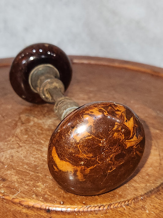 Antique Porcelain Brown Marble or Swirl Door Knobs attached to a stem kn17