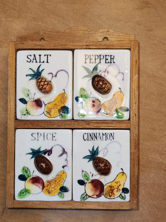 Vintage Wooden Spice Rack with Ceramic Fruit Motif Shakers with Corks Stamped JAPAN sr12