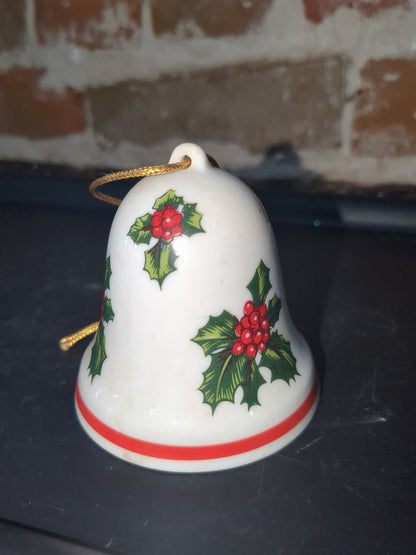 Vintage Lefton Christmas Ornament Porcelain Bell with Holly & Berries Japan #8304 bell89