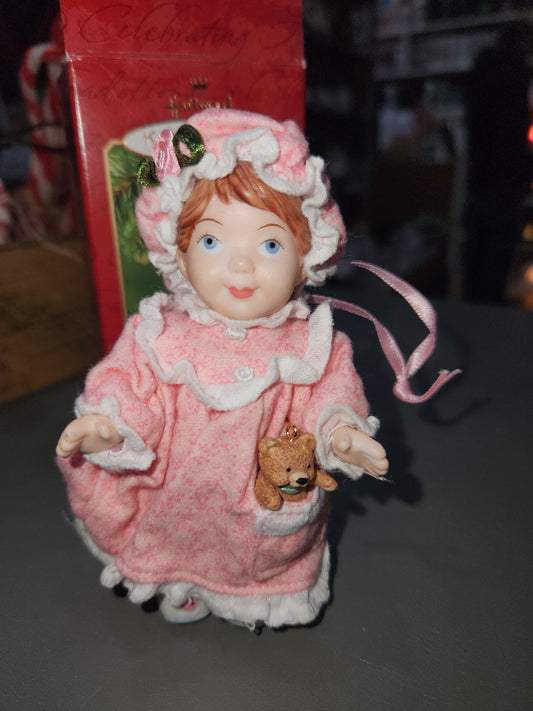 Vintage Hallmark Keepsake Ornament Mistletoe Miss First in Mistletoe Miss Series Set of 2 Doll & Teddy 2001