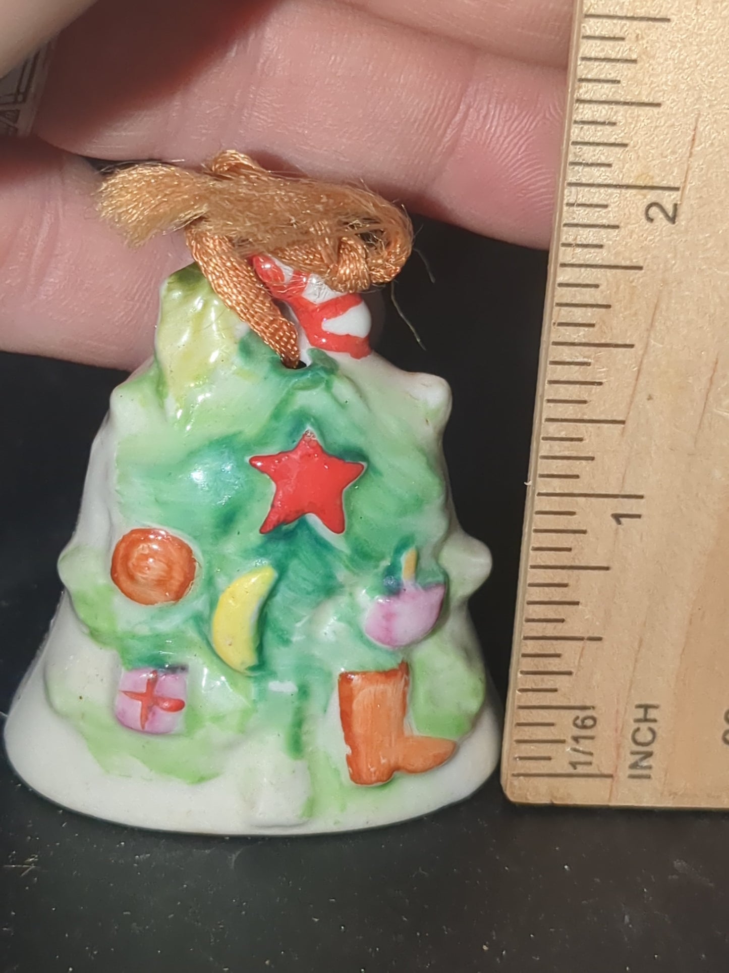 Napco porcelain Tree Shaped Bell Ornament with Season's Greetings. Japan bell2