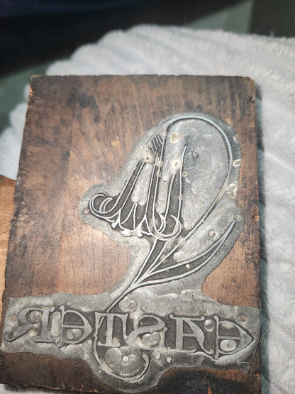 Vintage Wood Metal Newspaper Print Block Printer's Press Easter Lily 2 Blocks pb2e