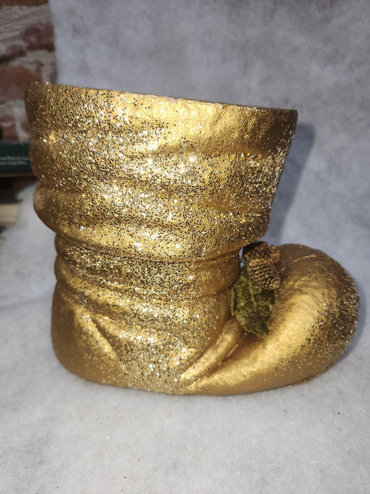 Vintage Gold Glittered paper mache Santa boot Velvet leaves pinecone chr609