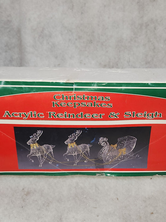 Vintage Sterling Clear Acrylic Sleigh with Reindeer With Gold Accents Christmas Decor