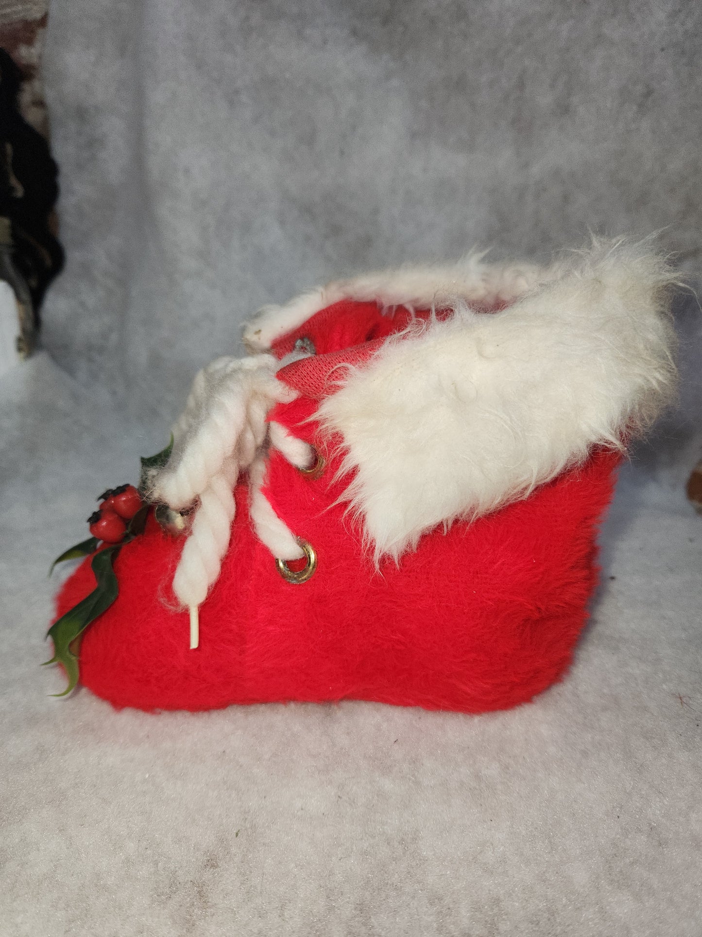 Vintage Red Santa Boot Planter Cover Holly & Bells White Trim ch111