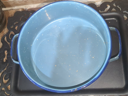 Vintage Enamelware Blue Speckled Pot Saucepan Roaster Base Farmhouse Graniteware ena65