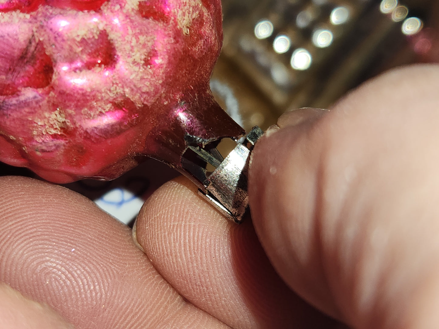 Vintage Antique Pinecone Hot Pink Bell Christmas Ornament Germany GLOWS vo2