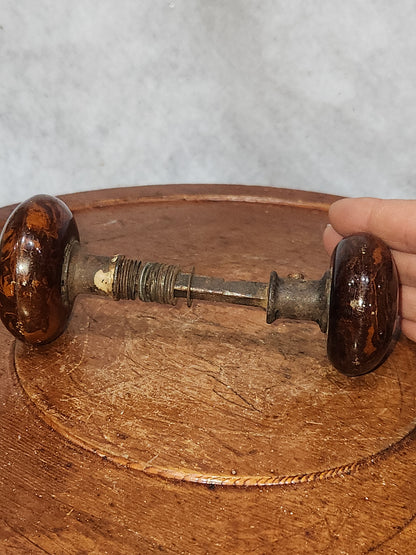 Antique Porcelain Brown Marble or Swirl Door Knobs attached to a stem kn17
