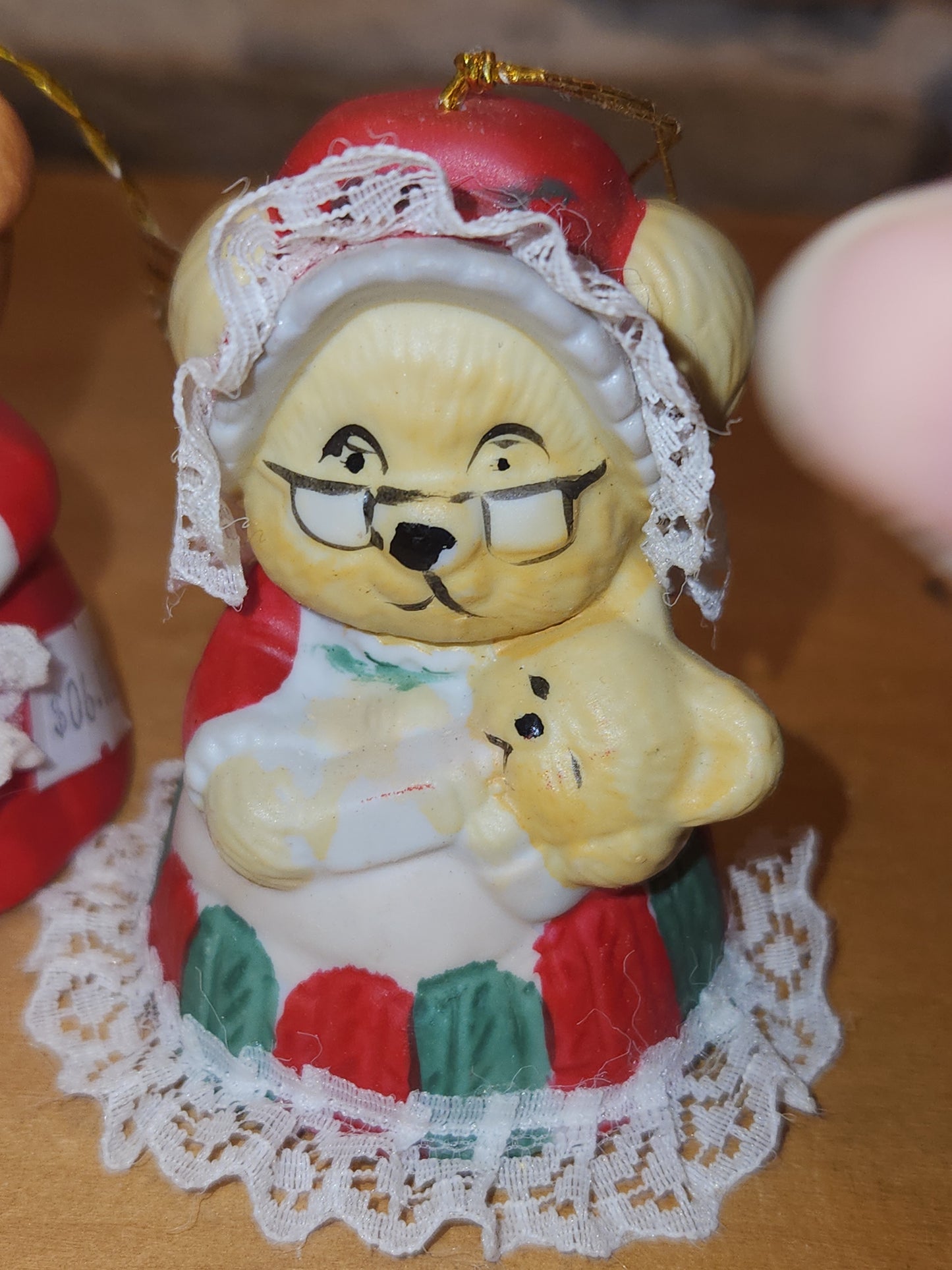 Vintage Jasco L'll Chimers Critter Ornament Bells With Lace Trim Bear Baking, Grandma Bear, Goose porcelain