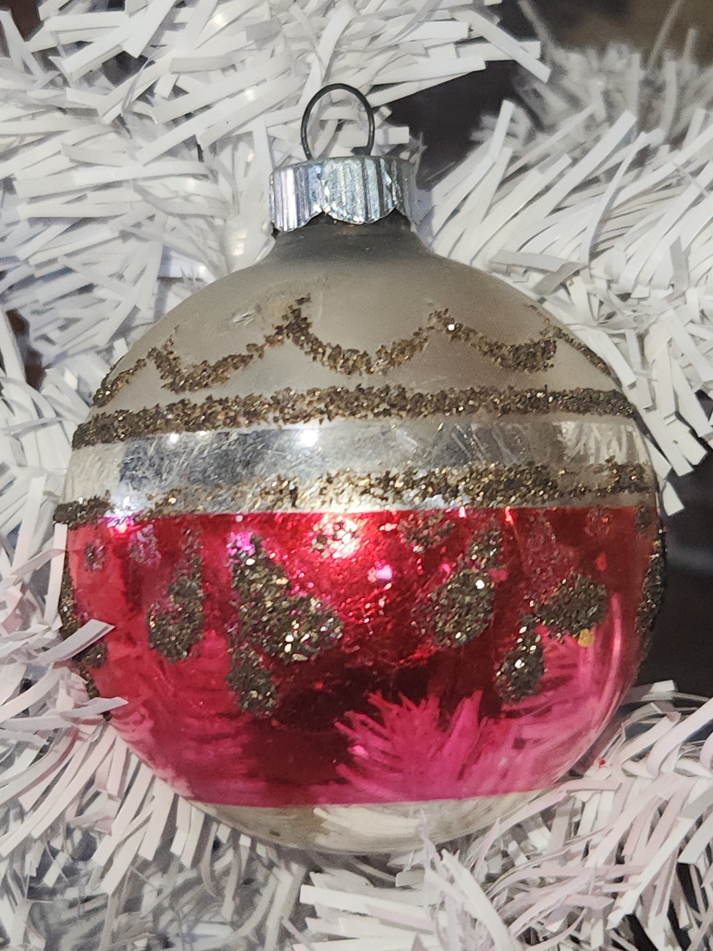 Vintage Mercury Glass Christmas Ornament Silver Pink and Black Mica Scroll GLOWS vo15