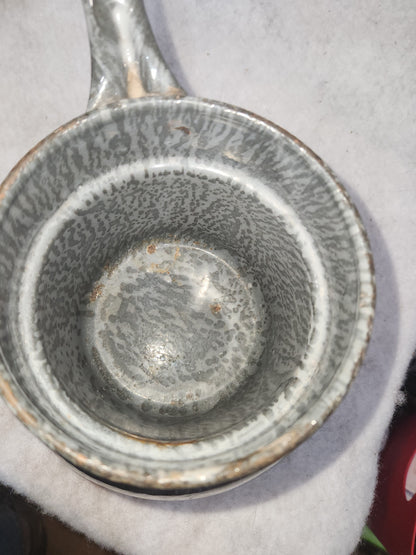 Vintage Primitive Graniteware Enamelware Double Boiler Pot Light Grey Dark Grey Speckled en88