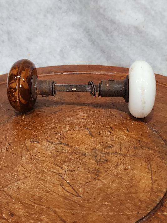 Antique UNMATCHING Porcelain Brown Marble or Swirl Door Knobs attached to a stem kn20