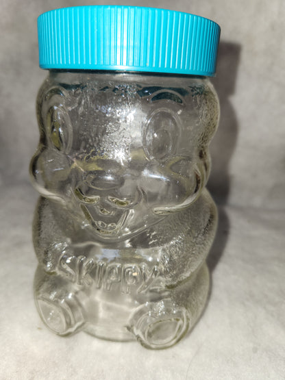 Vintage 1990 Skippy Peanut Butter- Beaver Glass Jar Bank- 100th Anniversary turquoise lid skj1