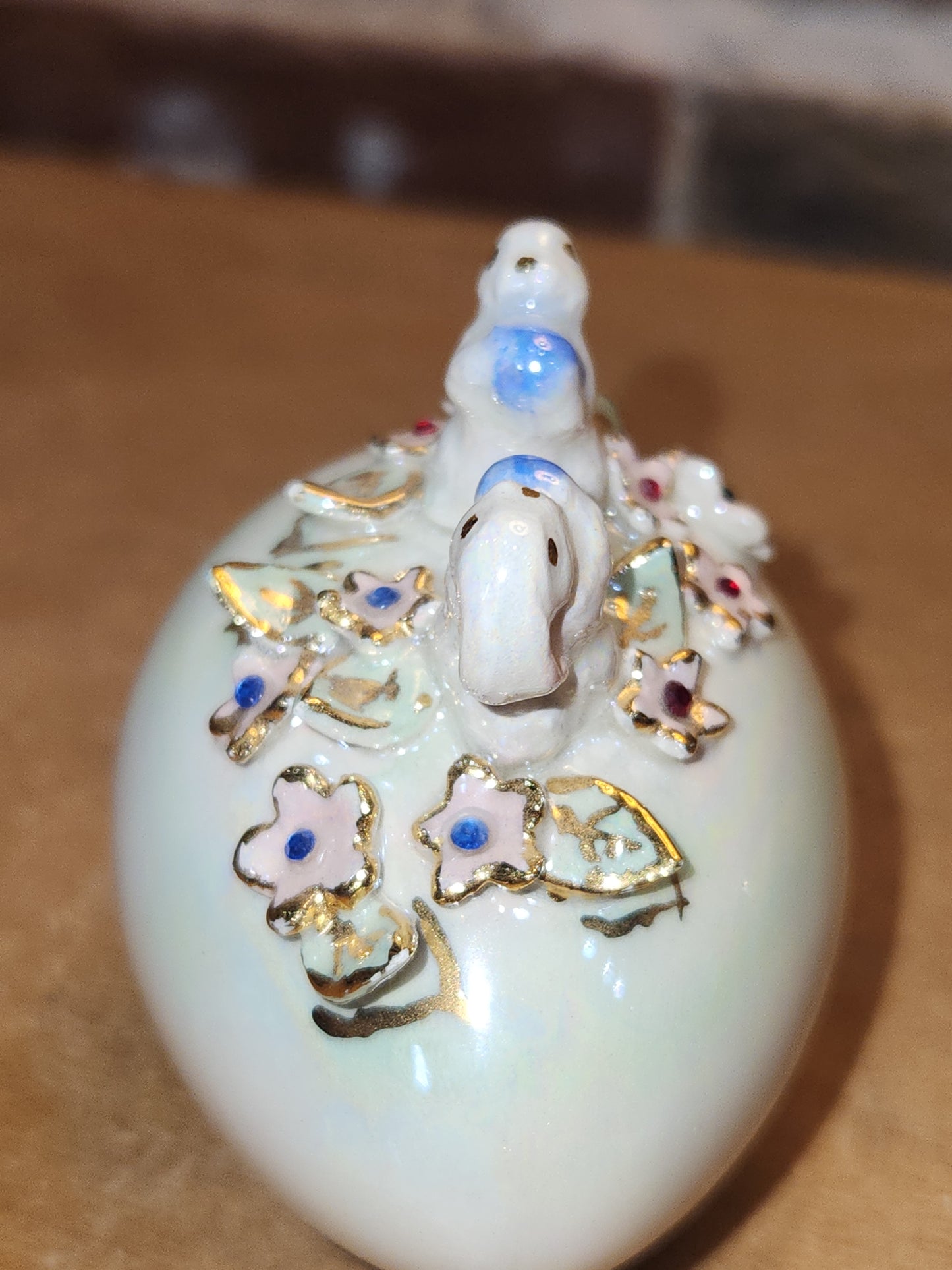 Vintage Porcelain Egg with 3D Bunnies, Flowers Leaves Eggs Gold Accents. Eg7