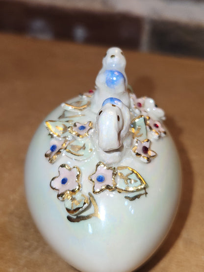 Vintage Porcelain Egg with 3D Bunnies, Flowers Leaves Eggs Gold Accents. Eg7