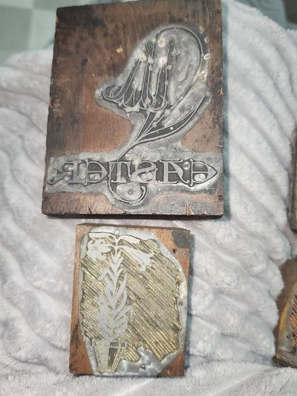 Vintage Wood Metal Newspaper Print Block Printer's Press Easter Lily 2 Blocks pb2e