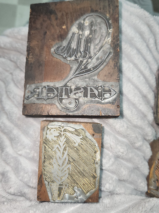 Vintage Wood Metal Newspaper Print Block Printer's Press Easter Lily 2 Blocks pb2e