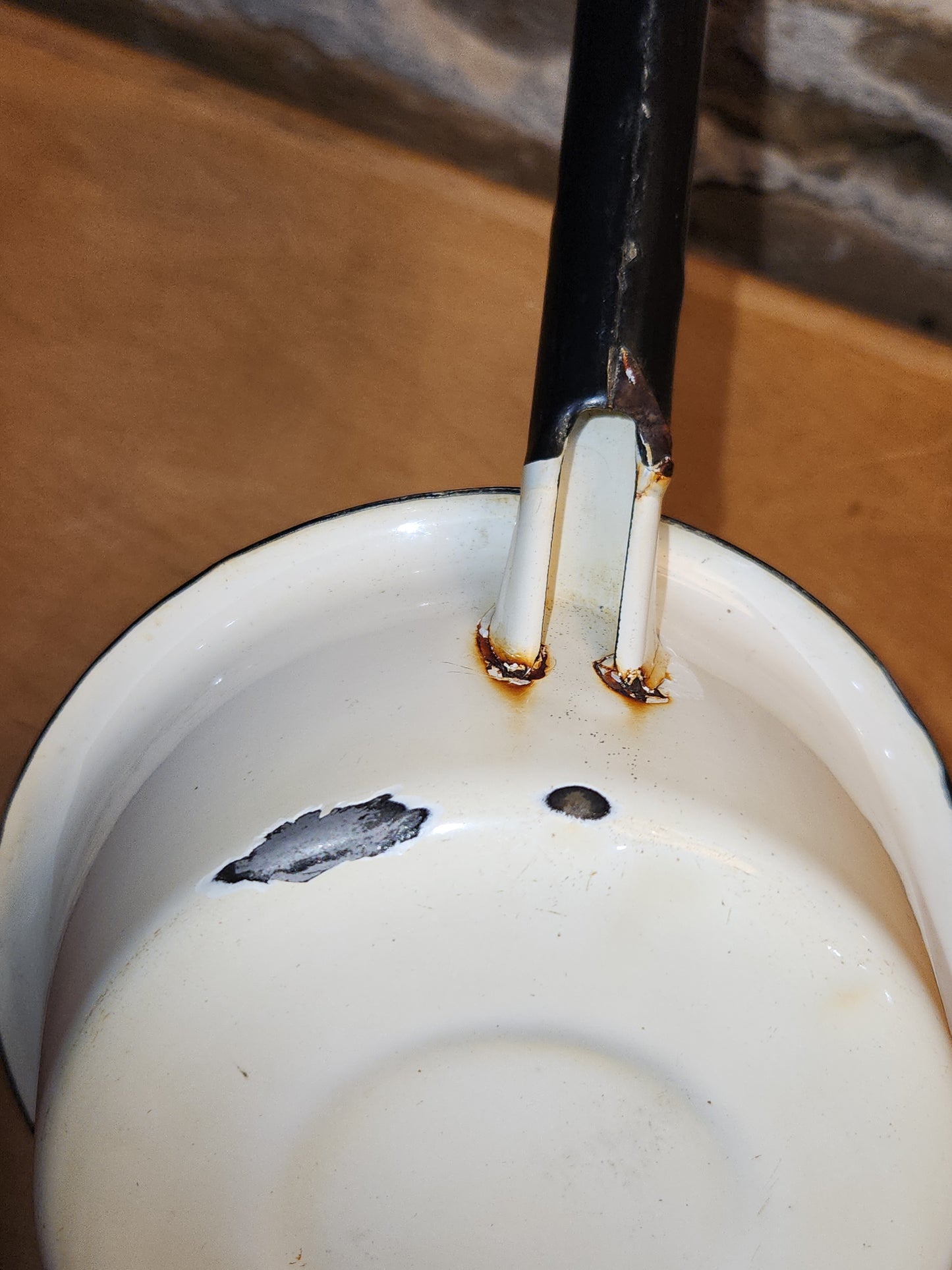 Vintage White Enamel Ladle Water Diooer with black handle and trim. En87