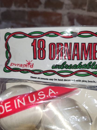 Vintage Pyramid set of 18 Satin unbreakable ornaments 2" unopened NOS bgo8