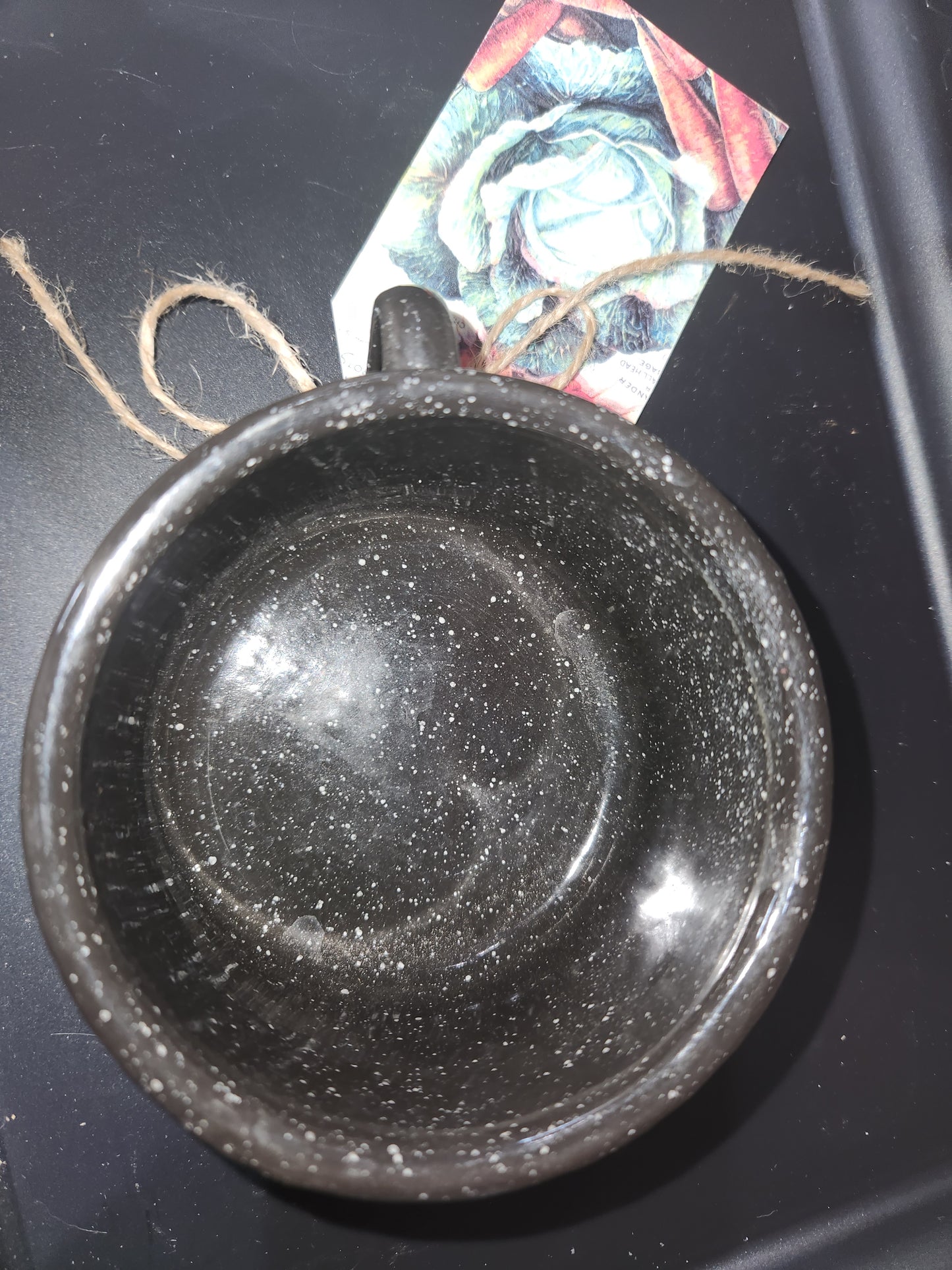Vintage or vintage looking Black Enameled Cup with White speckles enm3