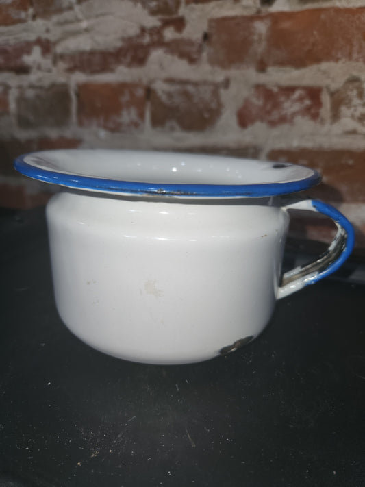 Antique enamel enamelware childrens chamber pot white with lighter blue trim enm8