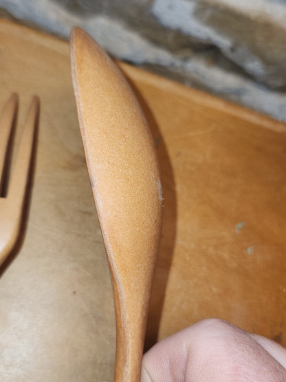 Vintage Fllingers Agatized Wood Salad Fork And Spoon Set Sheboygan Wisconsin kit56