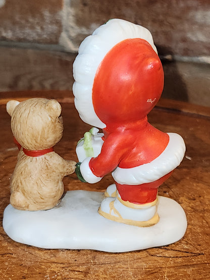 Vintage Lefton Christmas Figurines Girl Holding Gifts And Bear ch6