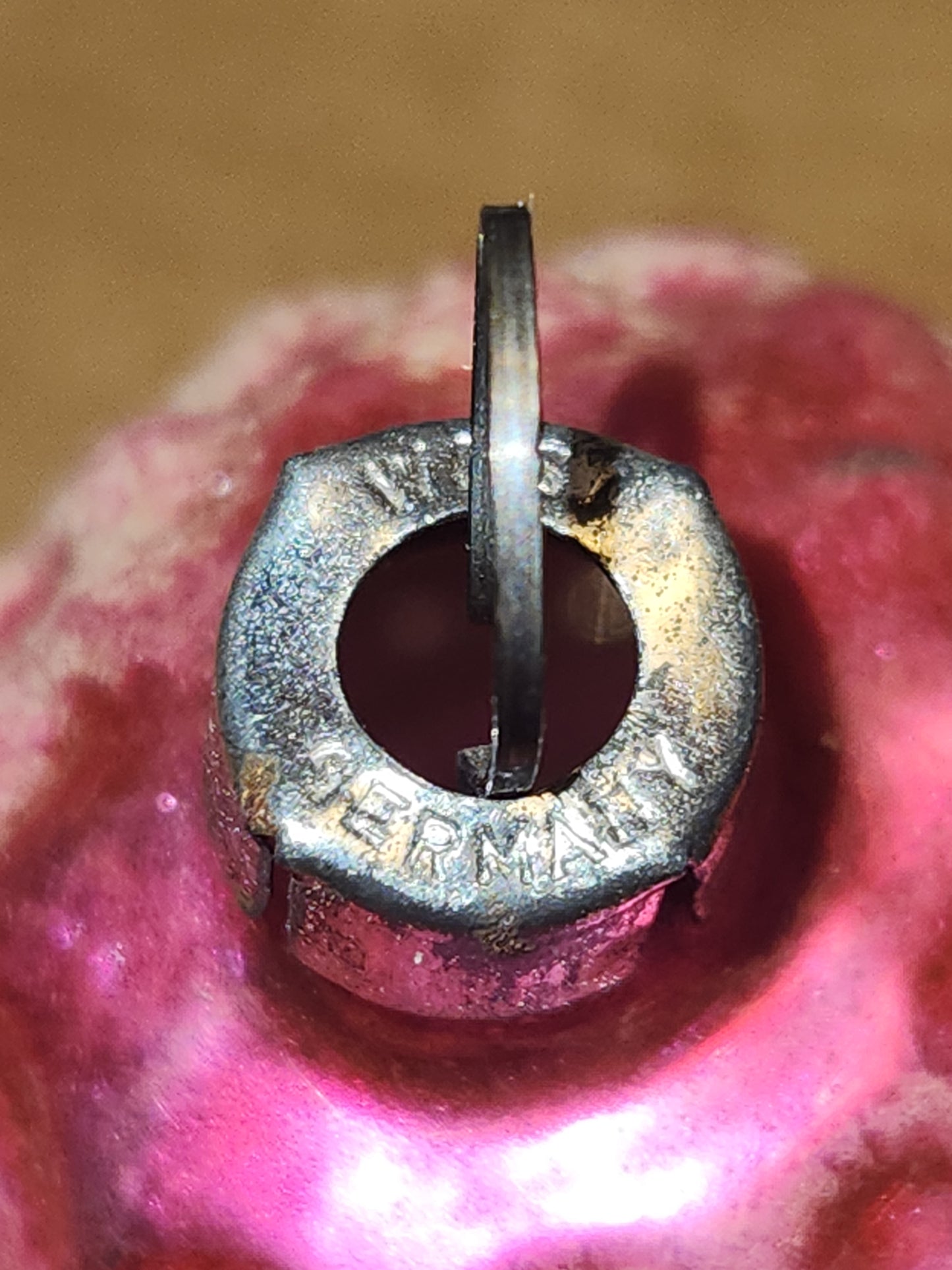 Vintage Antique Pinecone Hot Pink Bell Christmas Ornament Germany GLOWS vo2