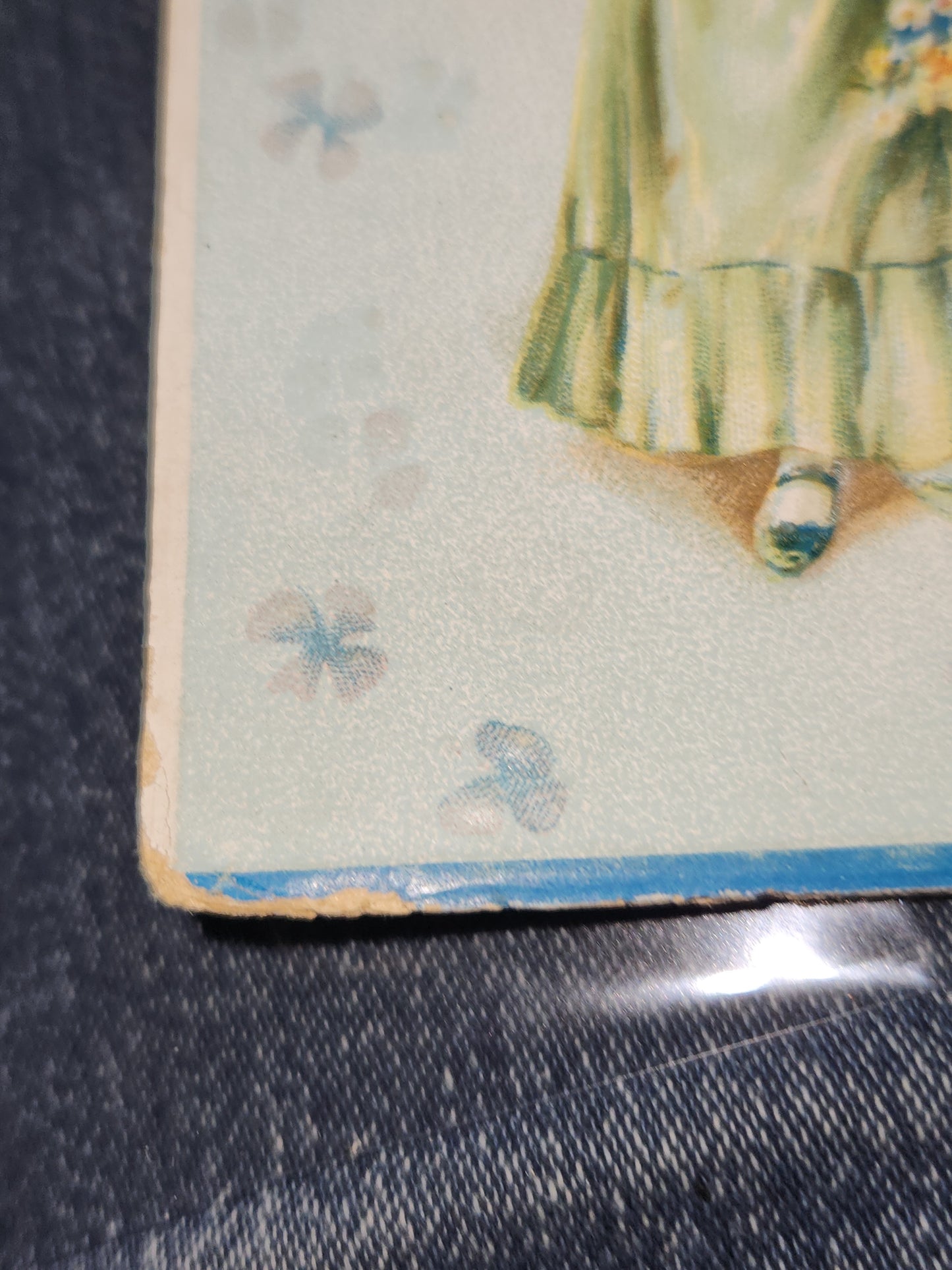 Antique Tuck & Sons Valentines Day Greeting Card Girl, gold birds, blue flowers, Kind Thoughts