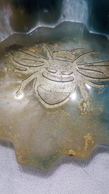 Coaster Set turquoise and gold honeycomb and Bee