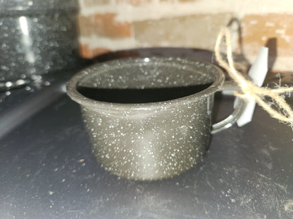 Vintage or vintage looking Black Enameled Cup with White speckles enm3