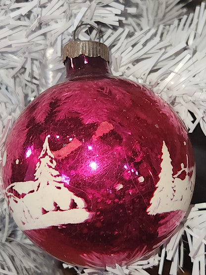 Vintage Shiny Brite Hot Pink Stenciled Church Glass Ornament GLOWS vo17