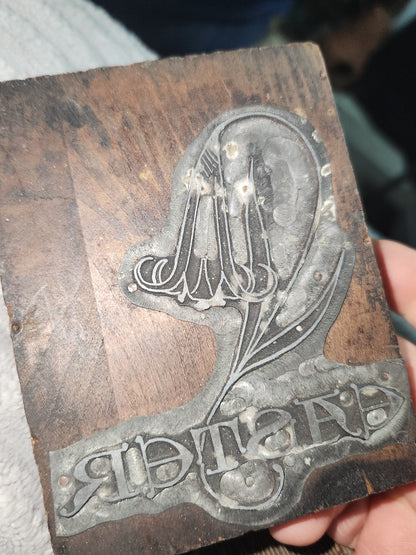 Vintage Wood Metal Newspaper Print Block Printer's Press Easter Lily 2 Blocks pb2e