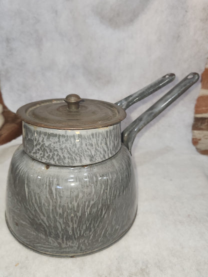 Vintage Primitive Graniteware Enamelware Double Boiler Pot Light Grey Dark Grey Speckled en88