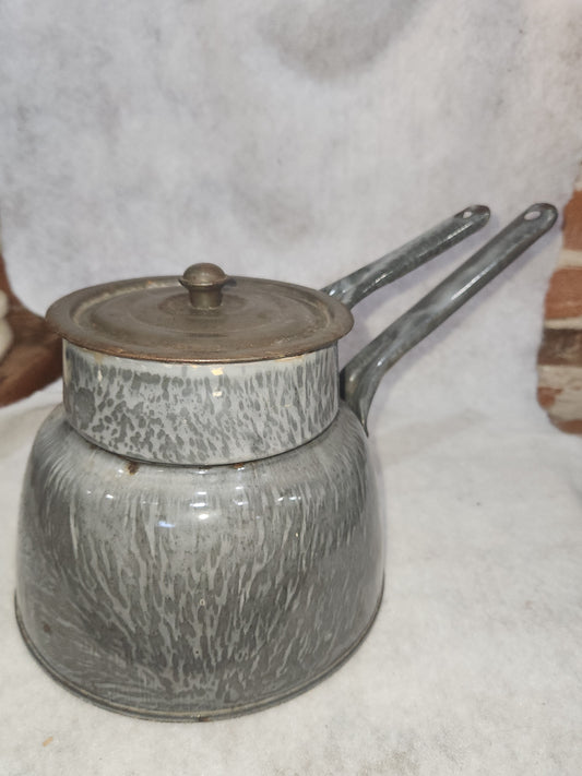 Vintage Primitive Graniteware Enamelware Double Boiler Pot Light Grey Dark Grey Speckled en88