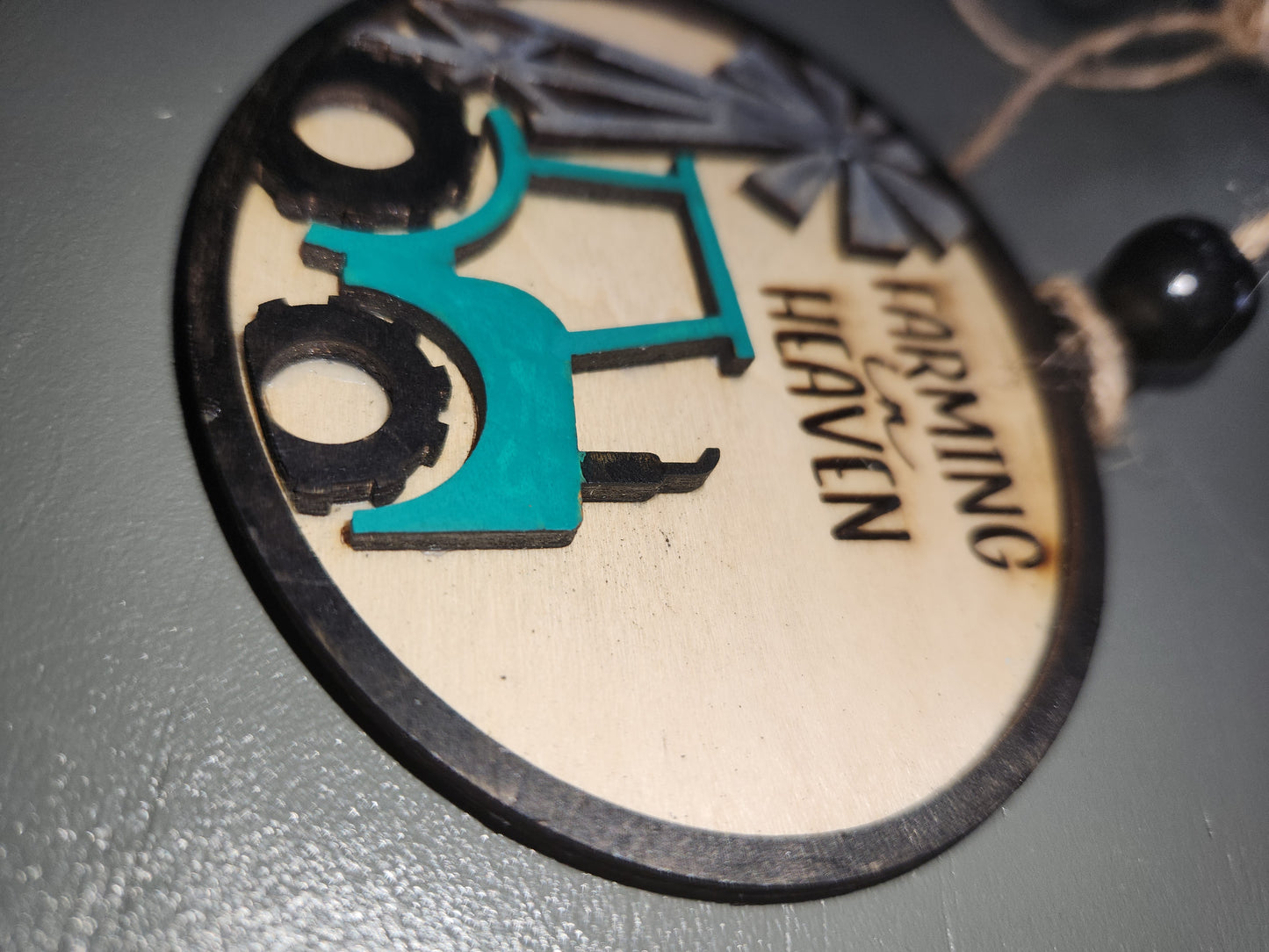 Ornament or car charm memorial memorial with green tractor and windmill