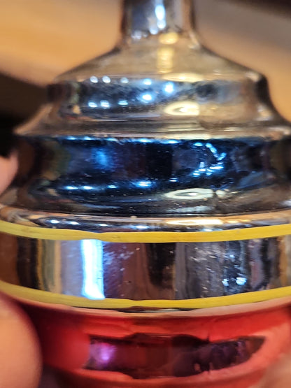 Vintage Glass Wine Keg or Satellite Flat-Bottom Ornament Blue, Yellow, Pink Likely Shiny Brite Made In USofA AS IS O3